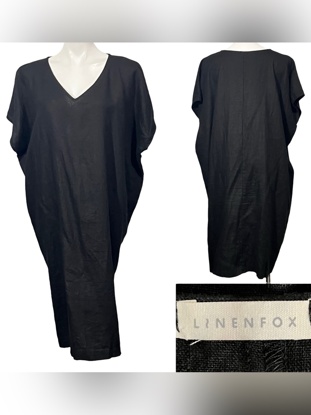 Linen Fox dress Black V-Neck Linen Shift midi/maxi XL-3x plus size